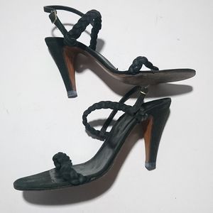 Vintage Black Suede Braided Strap Sandal Heels